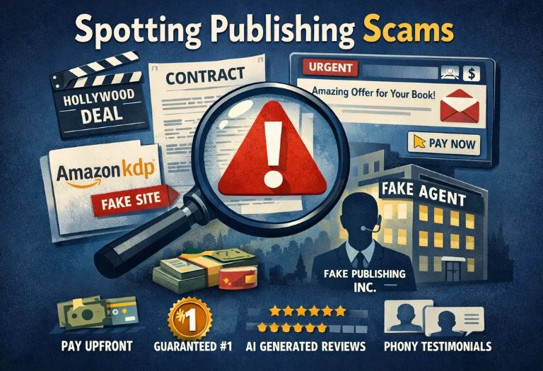 Warning signs for publishing scams in 2026, including fake literary agents, vanity publishers, fraudulent book marketing services, and author scams targeting writers.